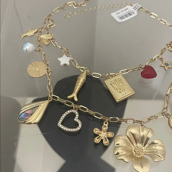 Free People Gold-Tone Multi Charm Necklace with Blue and Red Accents - Picture 9 of 9